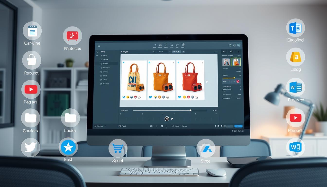 E-commerce store setup with product listings on a desktop screen