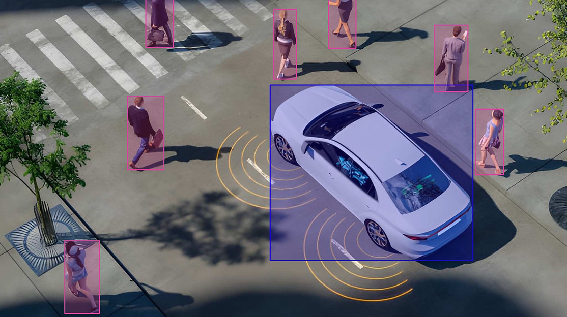 Bounding box annotation of a car and pedestrians at a crossing
